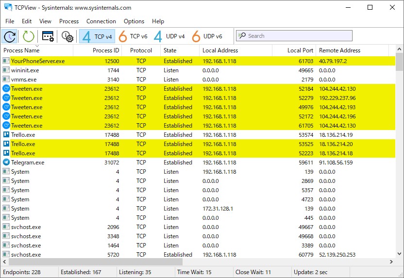 「TCPView」の初期テーマ。［Options］－［Theme］メニューでダークモードを選択できる