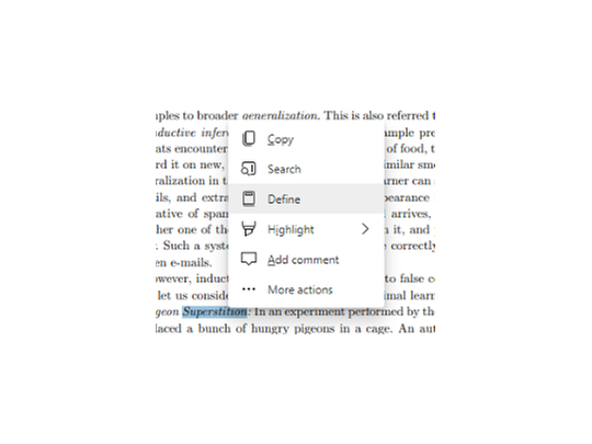 「Microsoft Edge」のPDFミニメニューに辞書機能
