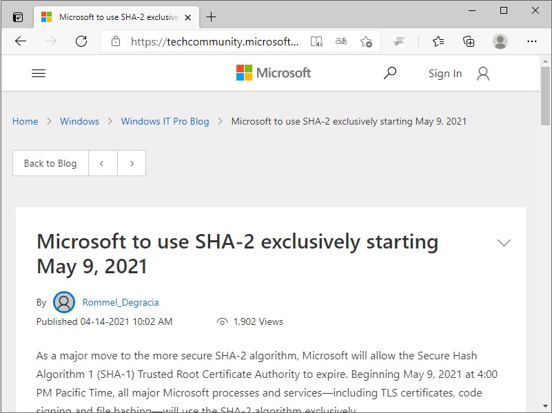 Microsoft、自社で用いるハッシュアルゴリズムをSHA-2に一本化