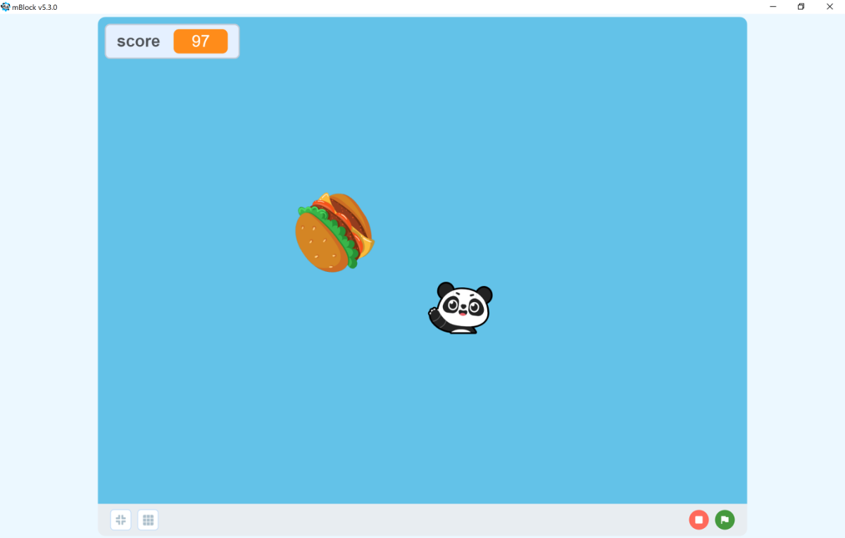 「CyberPi」を振るようにして、パンダを動かす。ハンバーガーを食べたら得点