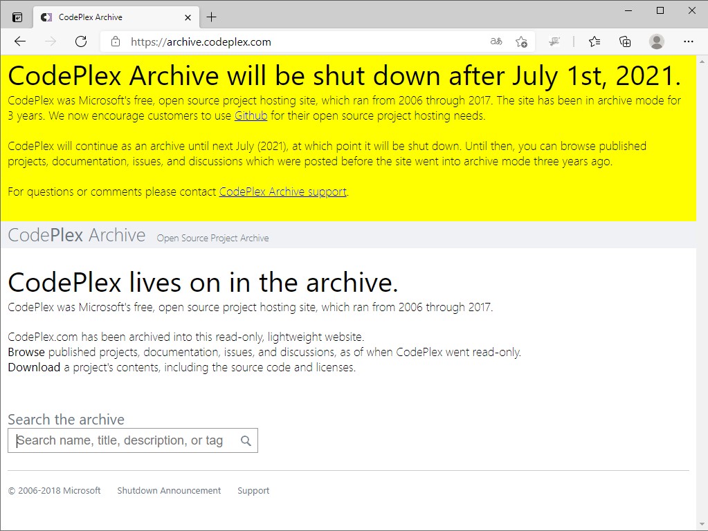 2021年7月1日以降、完全に閉鎖される「CodePlex」。「GitHub」などへ移行されなかったプロジェクトはこのまま消滅へ