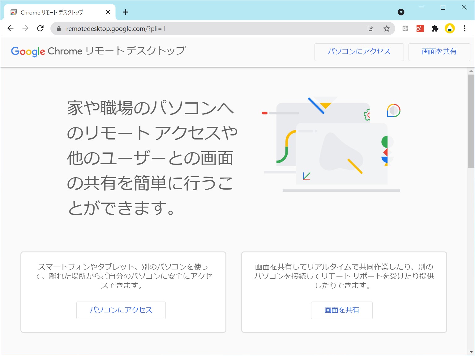 遠隔操作したいPCで「remotedesktop.google.com/access」を開く。途中、「Google アカウント」でのログインが必要となる