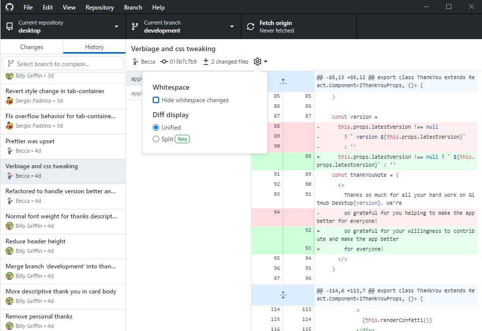 「GitHub Desktop」v2.8.1の差分ビュー