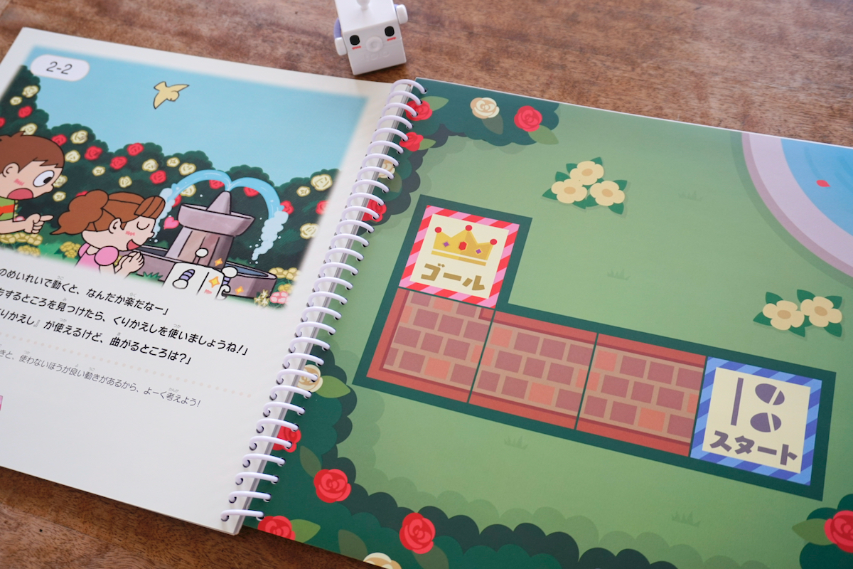 専用の絵本にストーリーに沿った課題が多数掲載されている。絵本のページ上のスタートからゴールまでエンタを動かすのがミッション