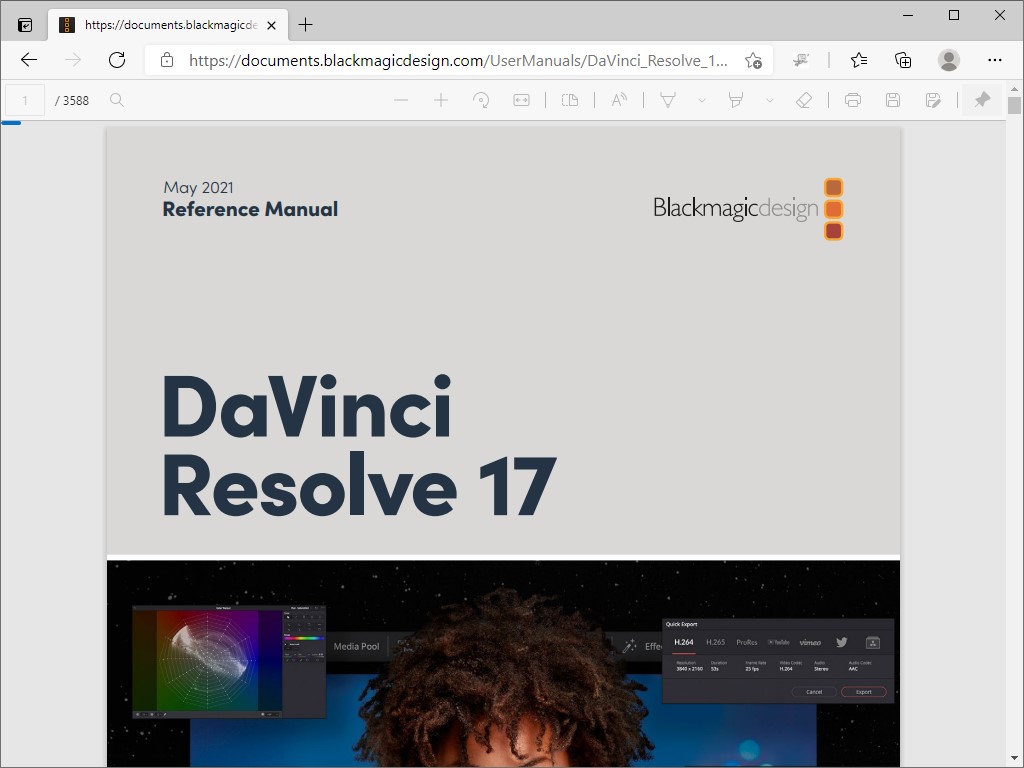 「DaVinci Resolve 17」に対応したリファレンスマニュアル（英語）。アプリ内からもアクセス可能