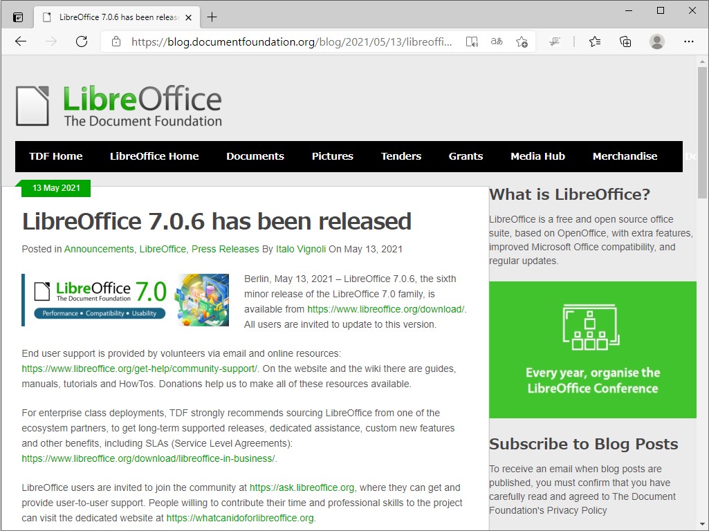 The Document Foundation、「LibreOffice 7.0.6」を公開