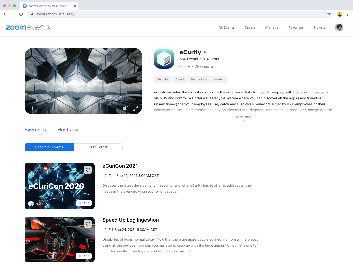 「Zoom Events」のイベントハブ