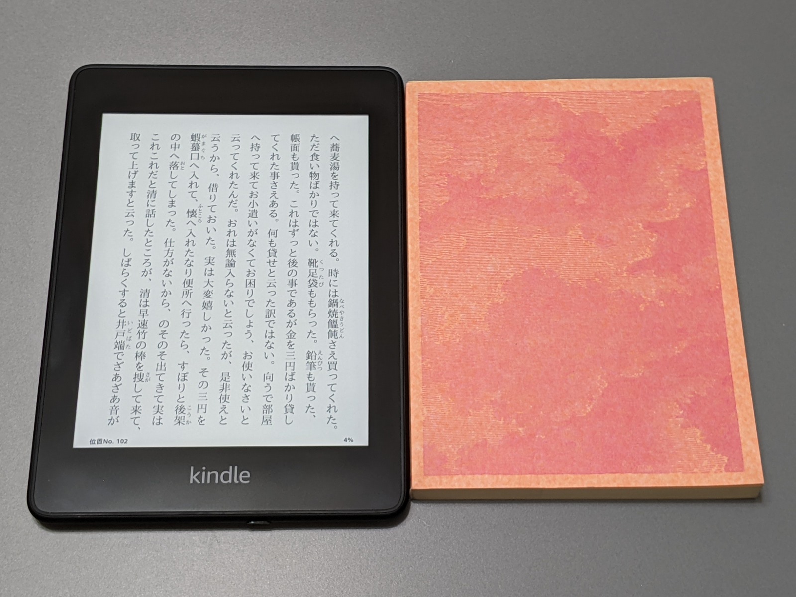文庫本とほぼ同サイズ。テキストの表示エリアだけで言うとわずかに小さくなる