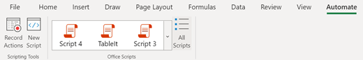 リボンの［自動化］タブに「Office スクリプト」関連のコマンドが現れる