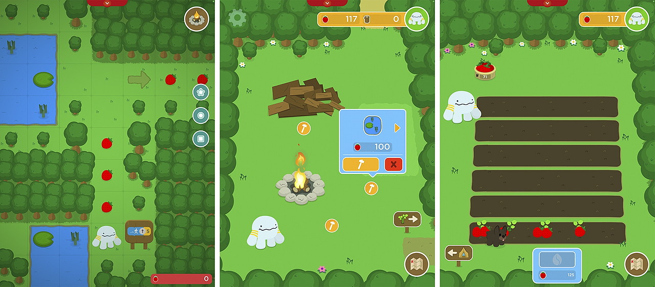 左：ゲーム画面、中央、右：集めたいちごの数などに応じてオービーのキャンプ地のアイテムや畑で育てるものを増やせる