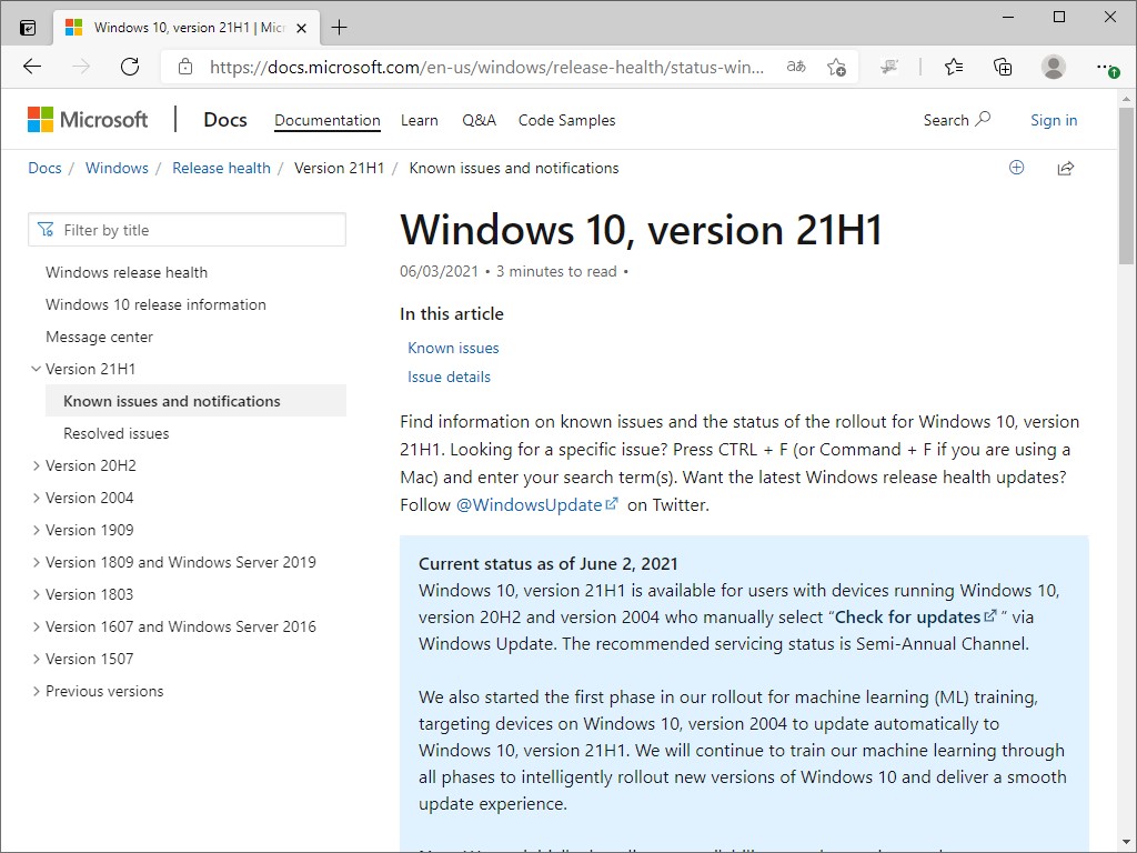Windows 10のリリースヘルスダッシュボードにおける告知