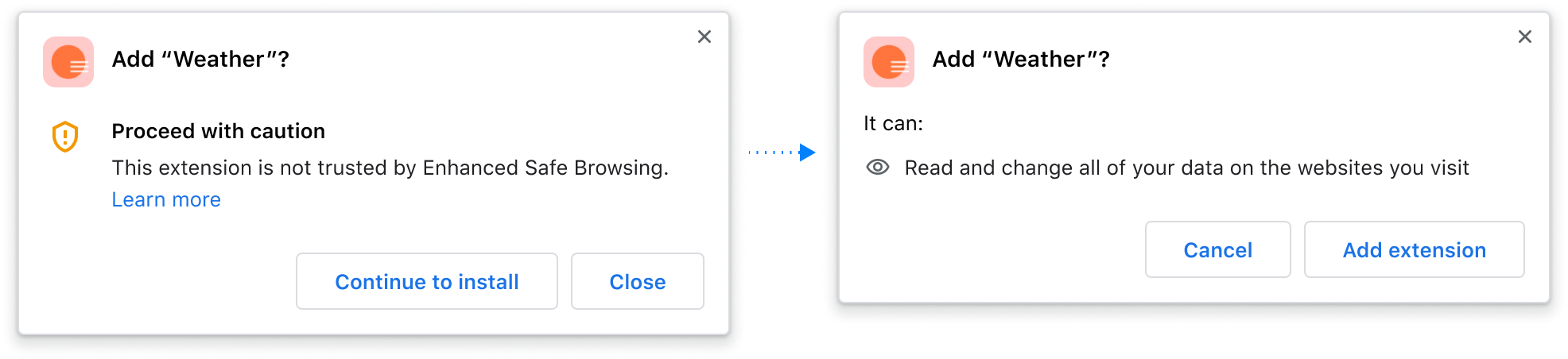 許可リストにない拡張機能には警告