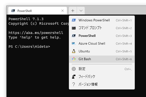 自動で「Windows Terminal」プロファイルに追加された「Git Bash」のプロファイル