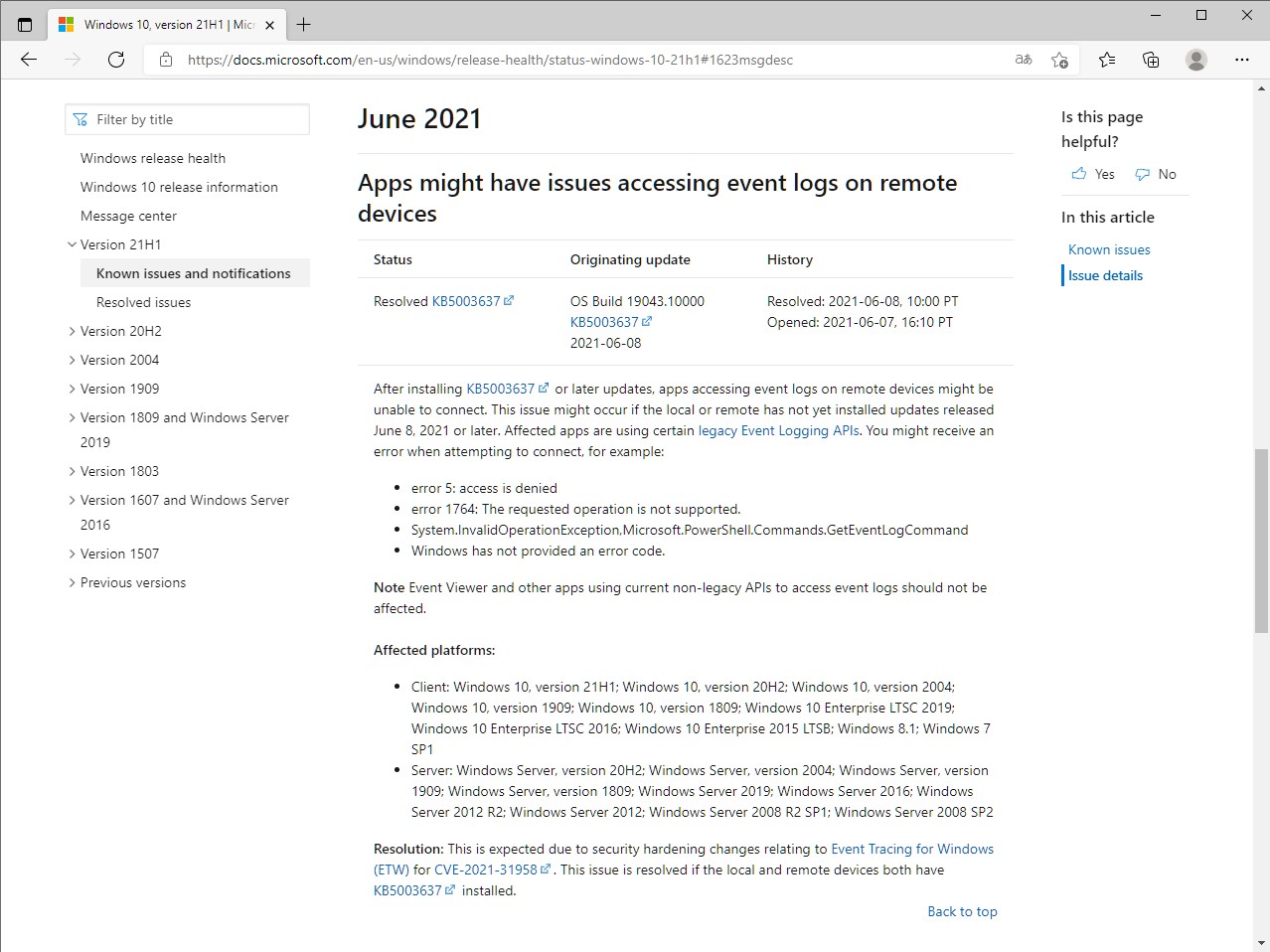 2021年6月のパッチでリモートデバイスのイベントログにアクセスするアプリの一部が接続不能に