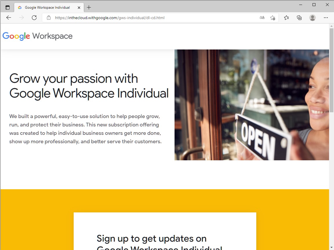 「Google Workspace Individual」の登録ページ。最新情報をメールで得ることが可能