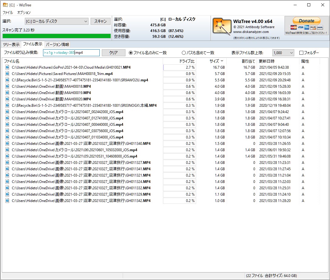 直近1年間（365日）に絞り、1GBを超える「MP4」ファイルを検索した例。検索結果の「MP4」が太文字で表されている
