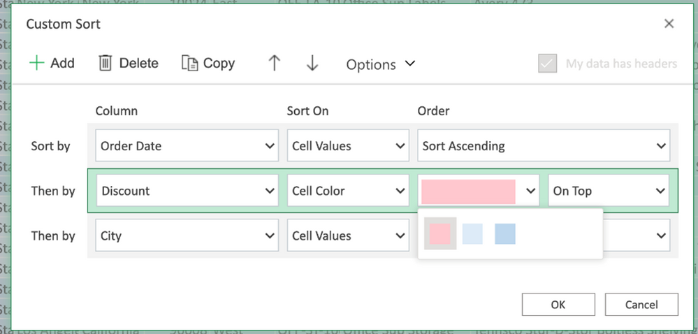 セルの値だけでなく、セルの色やフォントの色、条件付き書式のアイコンでもソートできるように。複数列のソートも可能