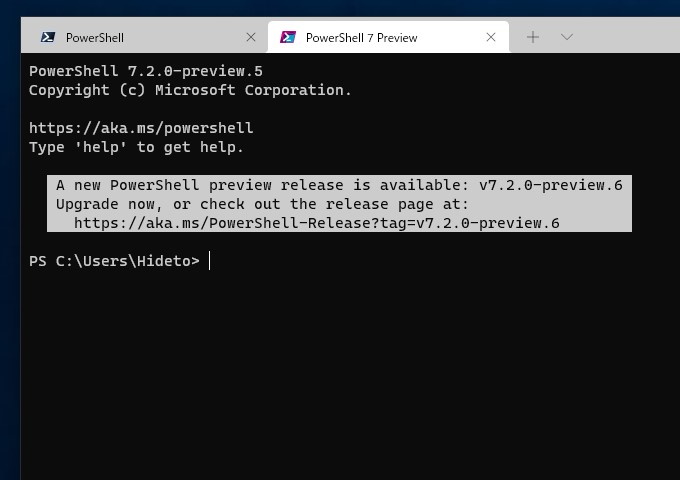 新しい「PowerShell」が利用可能になると、コンソールに「GitHub」のリリースページへのリンクが案内される