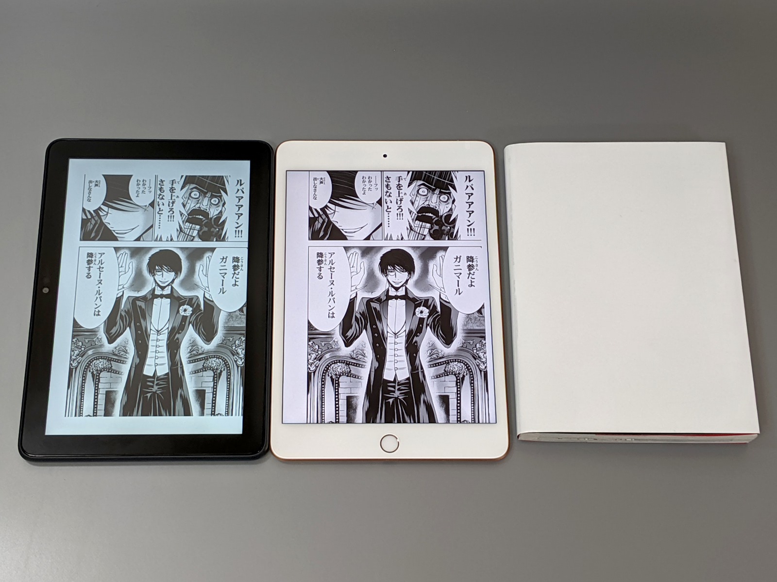 むしろ見開きよりも単ページ表示のほうが、紙の単行本（右端）のサイズに近い