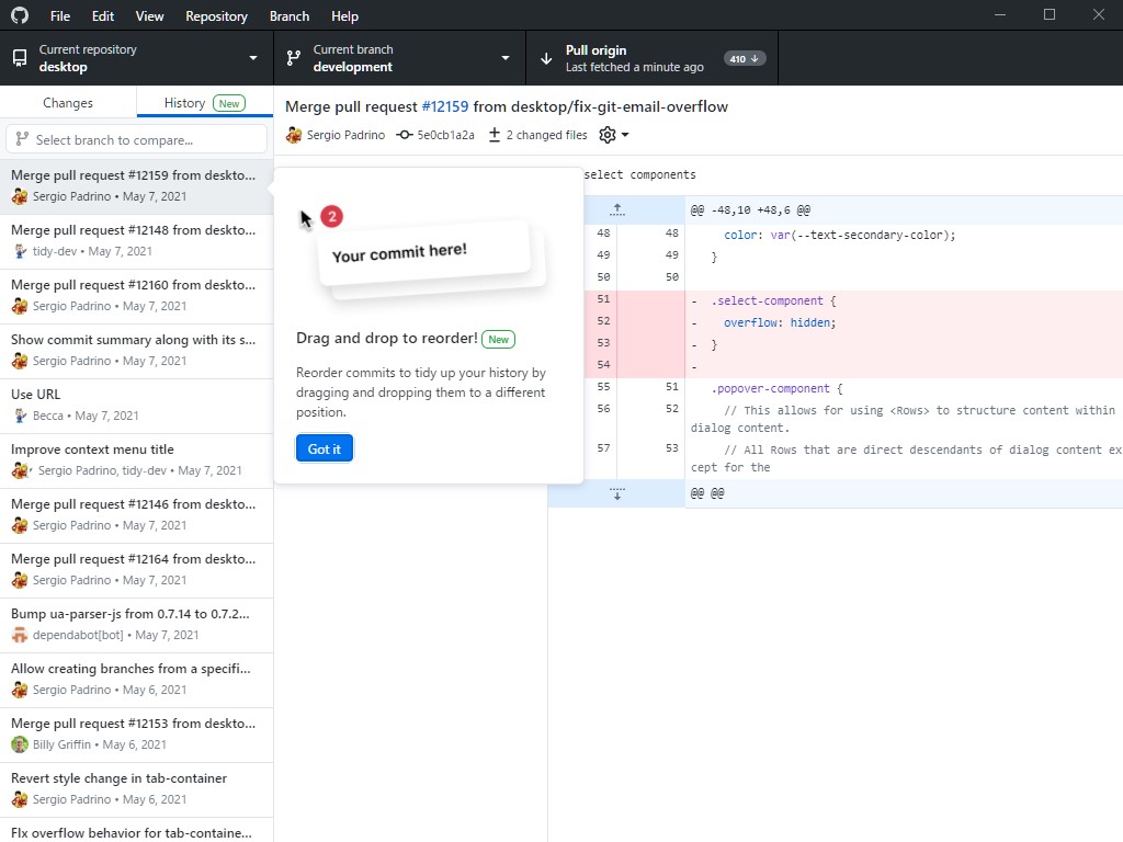 ドラッグ＆ドロップでコミットの順番を入れ替え