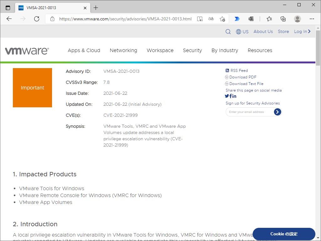 VMware社のサポート文書「VMSA-2021-0013」