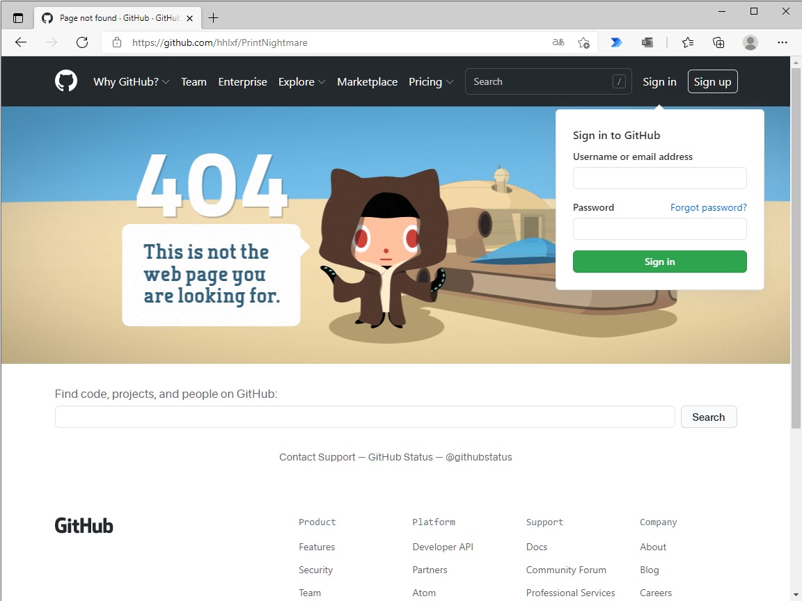 「GitHub」に開設された「PrintNightmare」のプロジェクトページ（すでに削除）