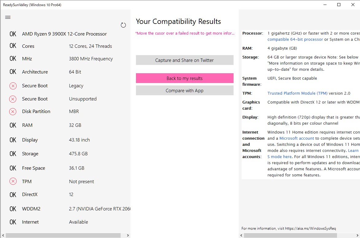 Microsoftが発表しているWindows 11のシステム要件を右端の画面に表示するコマンド