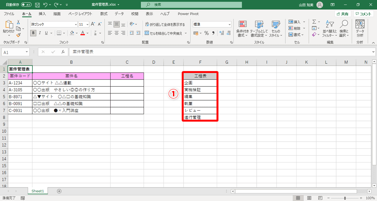 F列の「工程表」をテーブルに変換します