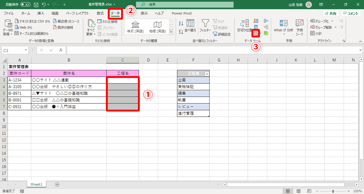 ドロップダウンリストにしたいセル範囲（①）を選択。［データ］タブ（②）→［データの入力規則］（③）をクリック