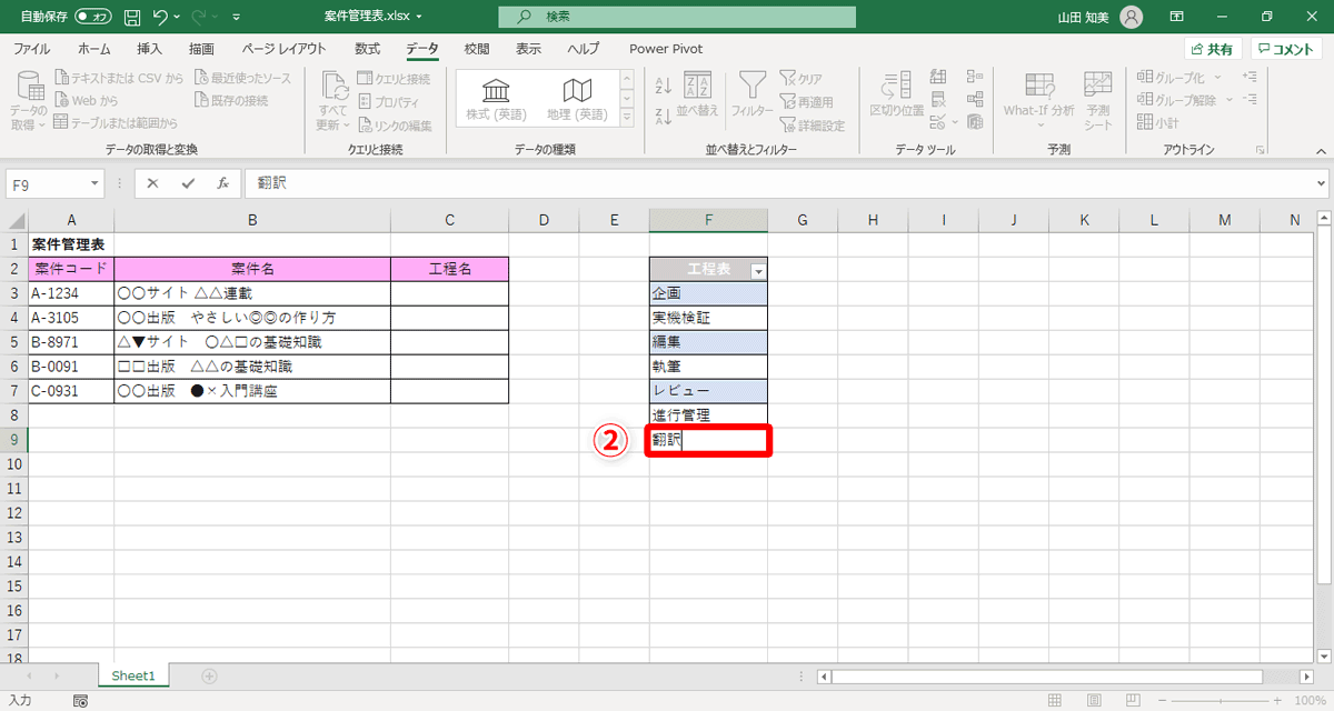 セルF9に「翻訳」（②）と入力