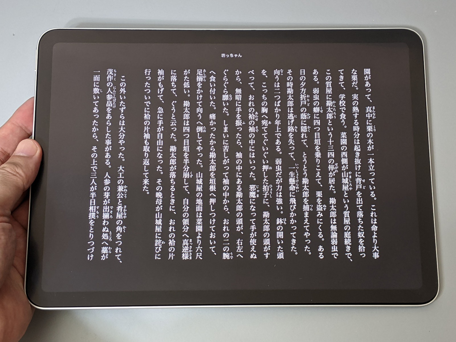 iPad AirのKindleアプリで、ページの色を黒に指定した状態。このほかセピア調などへの切り替えも可能。多くの電子書籍アプリでは、こうした背景色の切り替えに対応している