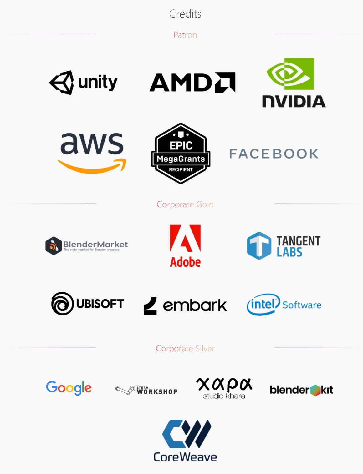 「Blender」の開発を支援する企業。Unity、AMD、NVIDIA、AWS、EPIC、Facebookなど錚々たる顔ぶれだ