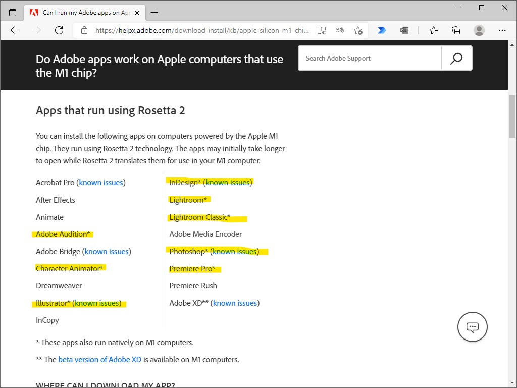 Apple M1チップでの動作確認がとれているAdobe製品。「*」印付きはネイティブ動作が可能だ