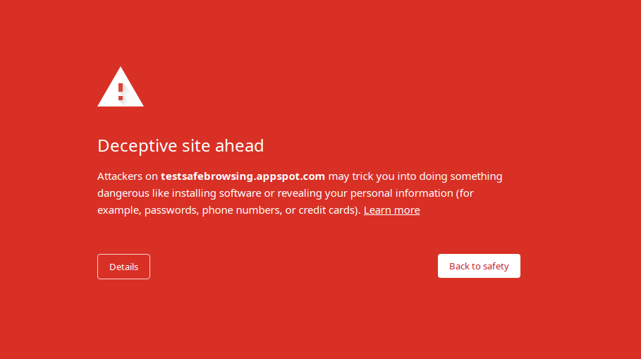 フィッシングが検出されたときに表示される警告（英語版）