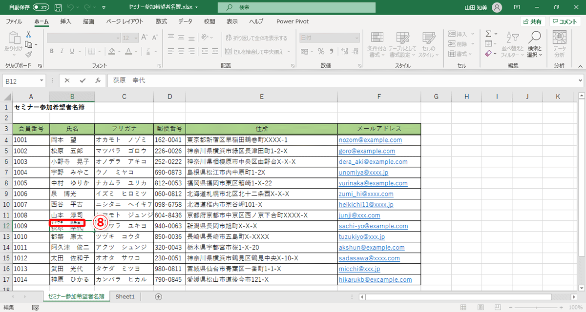 フリガナが「オギワラ　サチヨ」（⑧）となるように修正