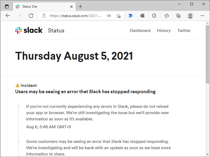 「Slack」のステータスページ
