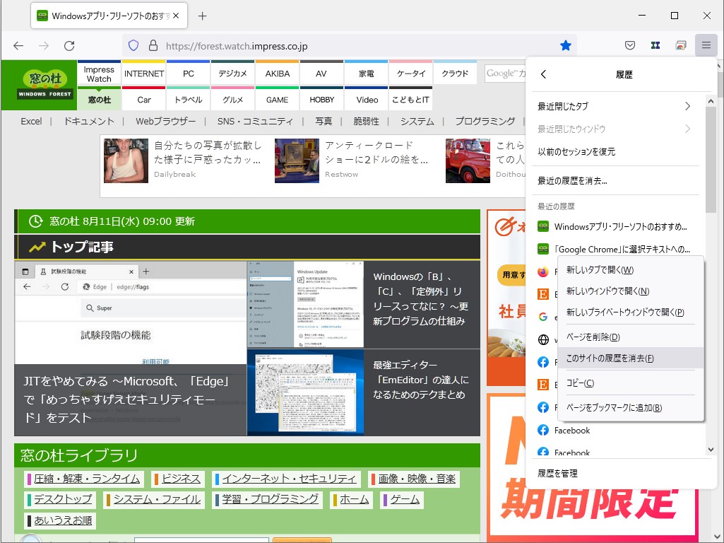 Webサイトのデータを削除したい場合は、履歴メニューの［このサイトの履歴を消去］オプションが便利