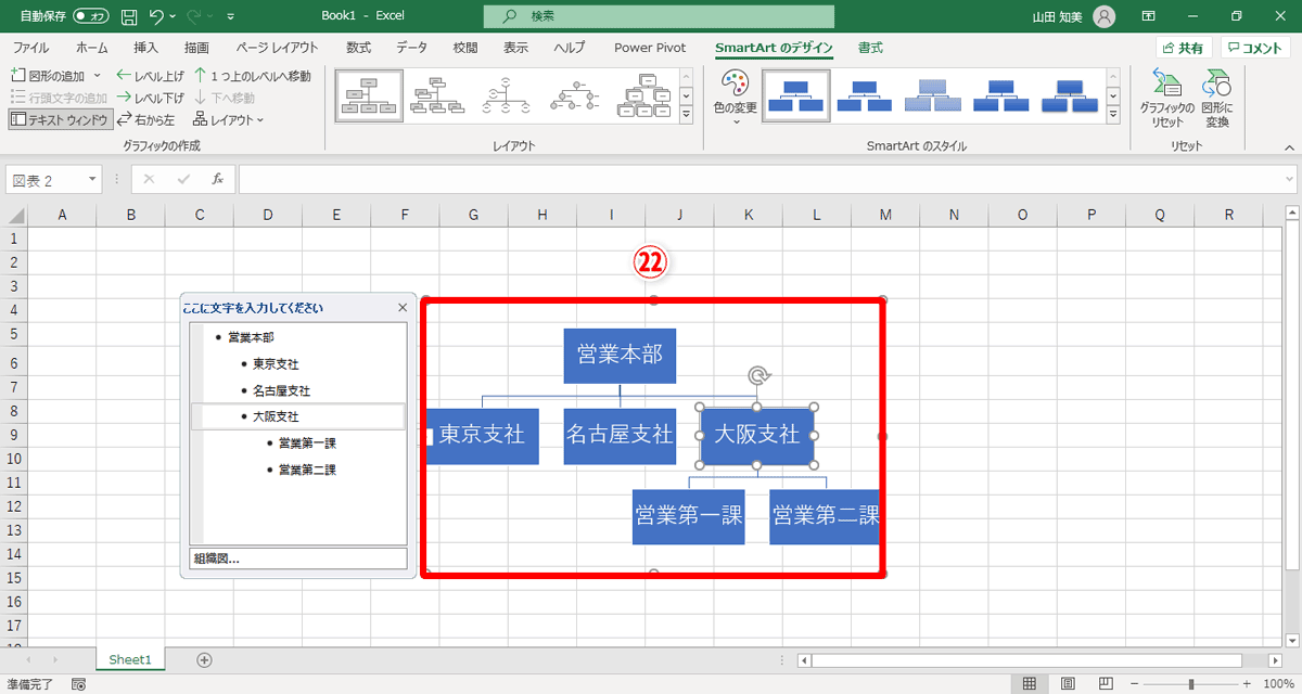 「大阪支社」配下の図形の配置が変更されました（㉒）