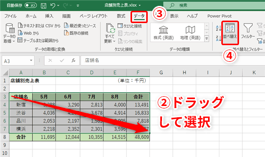 範囲選択とダイアログボックスのダブル技で並べ替え Excel エクセル