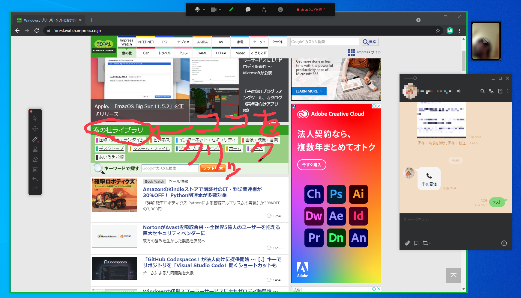 デスクトップやウィンドウの共有画面への描き込み