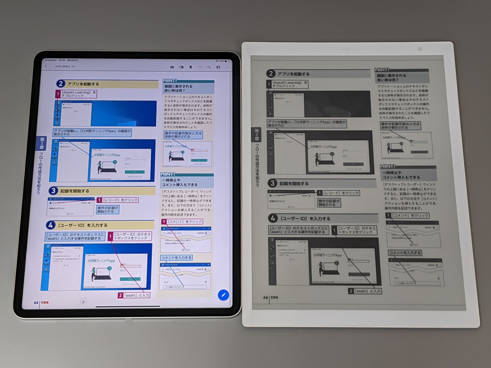 左が12.9インチiPad Pro、右がQUADERNO A4。画面サイズはほぼ同等だが、カラーかモノクロかが大きく異なる