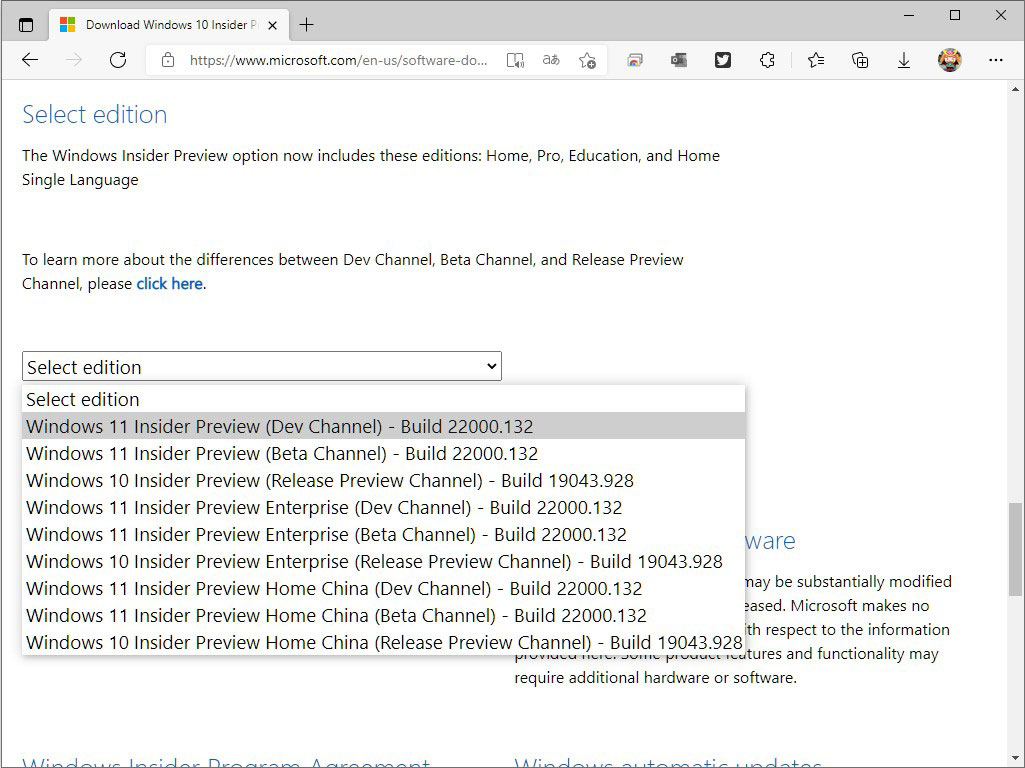 ページ下部のプルダウンメニューからプレビュービルドを選択してダウンロード
