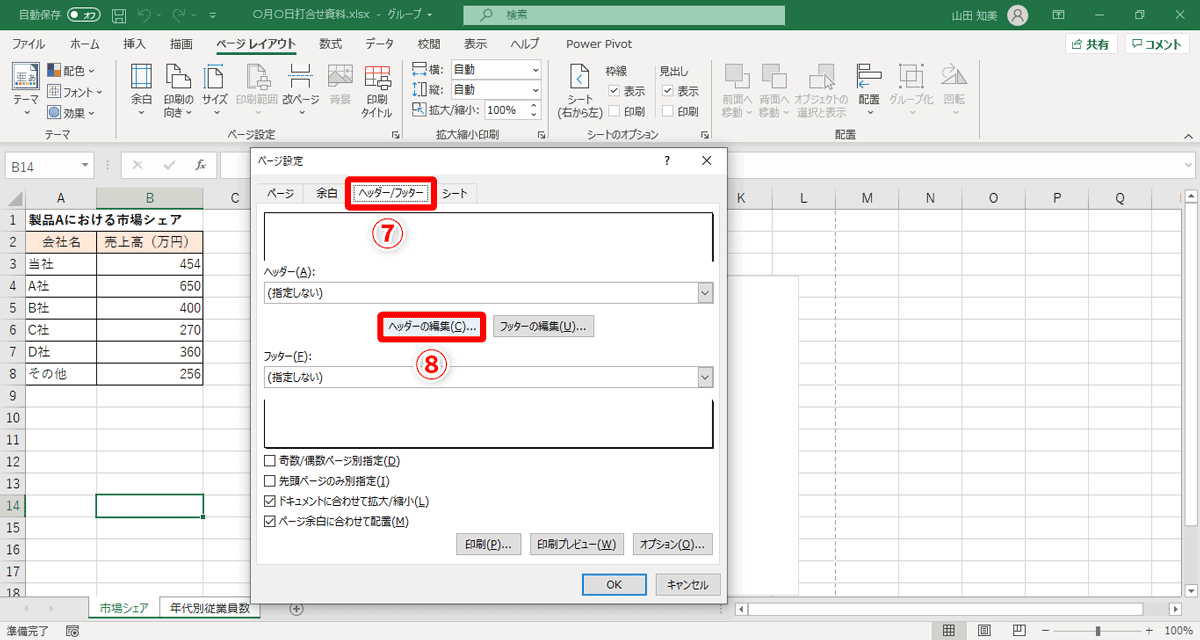 ［ヘッダー/フッター］タブ（⑦）をクリック→画面中央にある［ヘッダーの編集］（⑧）をクリック