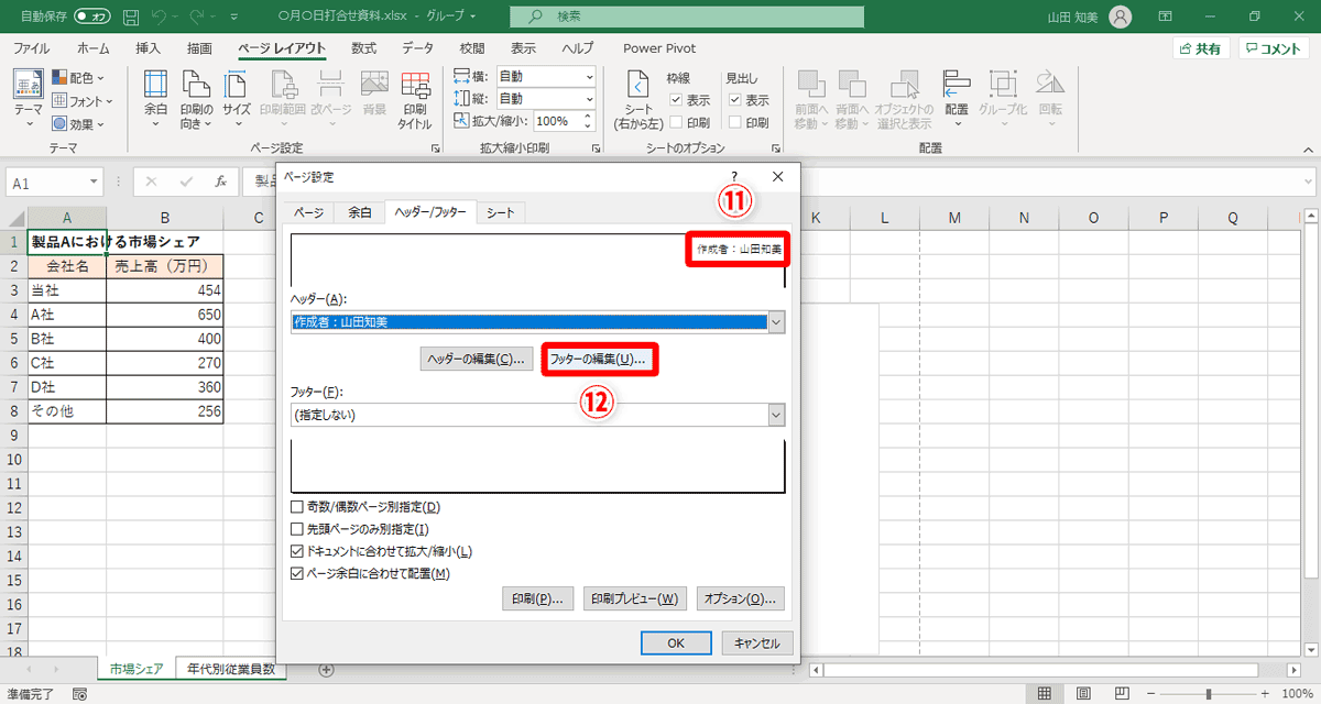 設定した内容が反映されていることを確認（⑪）→画面中央にある［フッターの編集］（⑫）をクリック