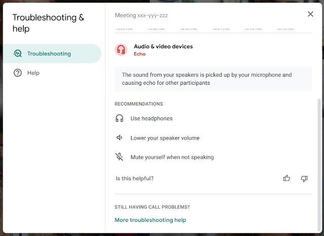 ［トラブルシューティングとヘルプ］画面で、エコーを防止するための推奨手順が案内