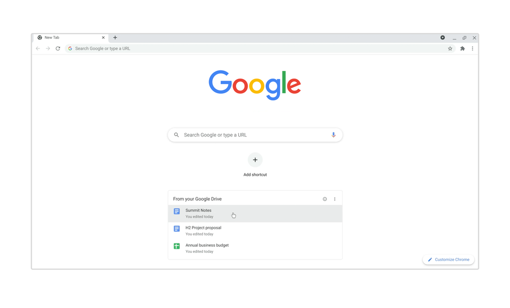 新規タブページに「Google ドライブ」で最近開いたドキュメントにアクセスするためのカード