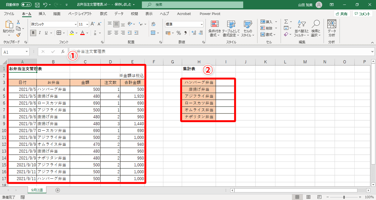 集計結果を入力する表は、別途、シートの右側に作成（②）