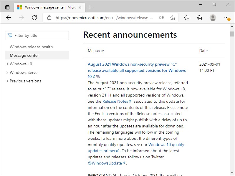 Microsoft、2021年8月のプレビュー更新プログラムを一部のバージョンのWindows 10に対してリリース