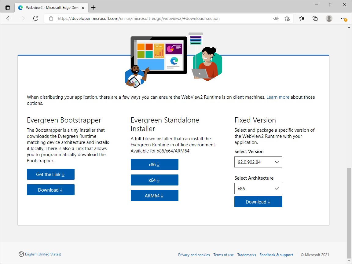 「WebView2」のダウンロードページ