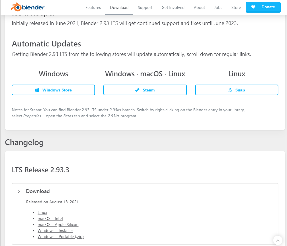 download.Blender.orgのダウンロードページ